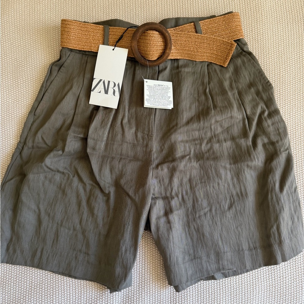 Zara women’s linen Charcoal Shorts with Woven Tan Belt S and M
